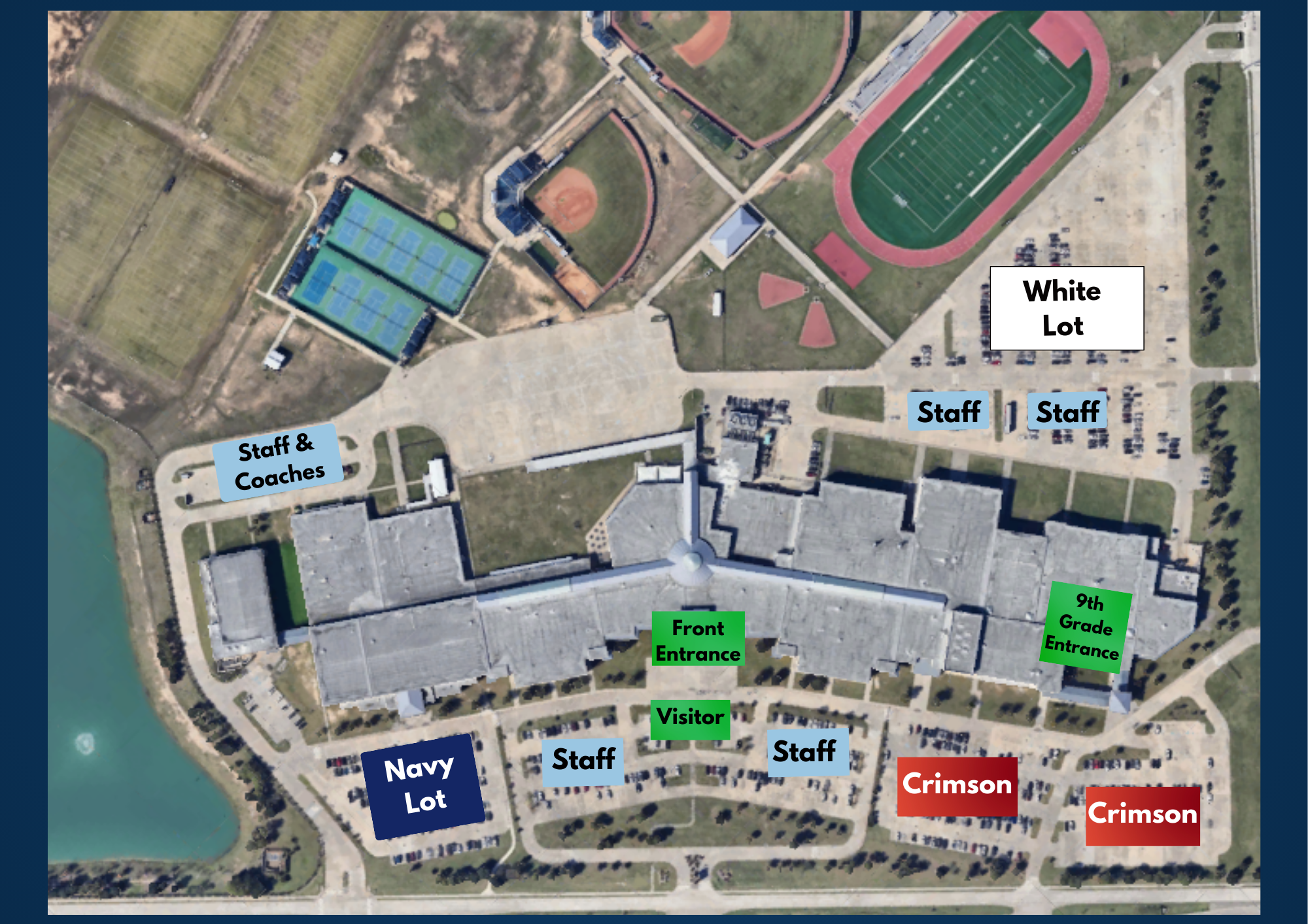 The map details the zones of the different areas of the parking lots.